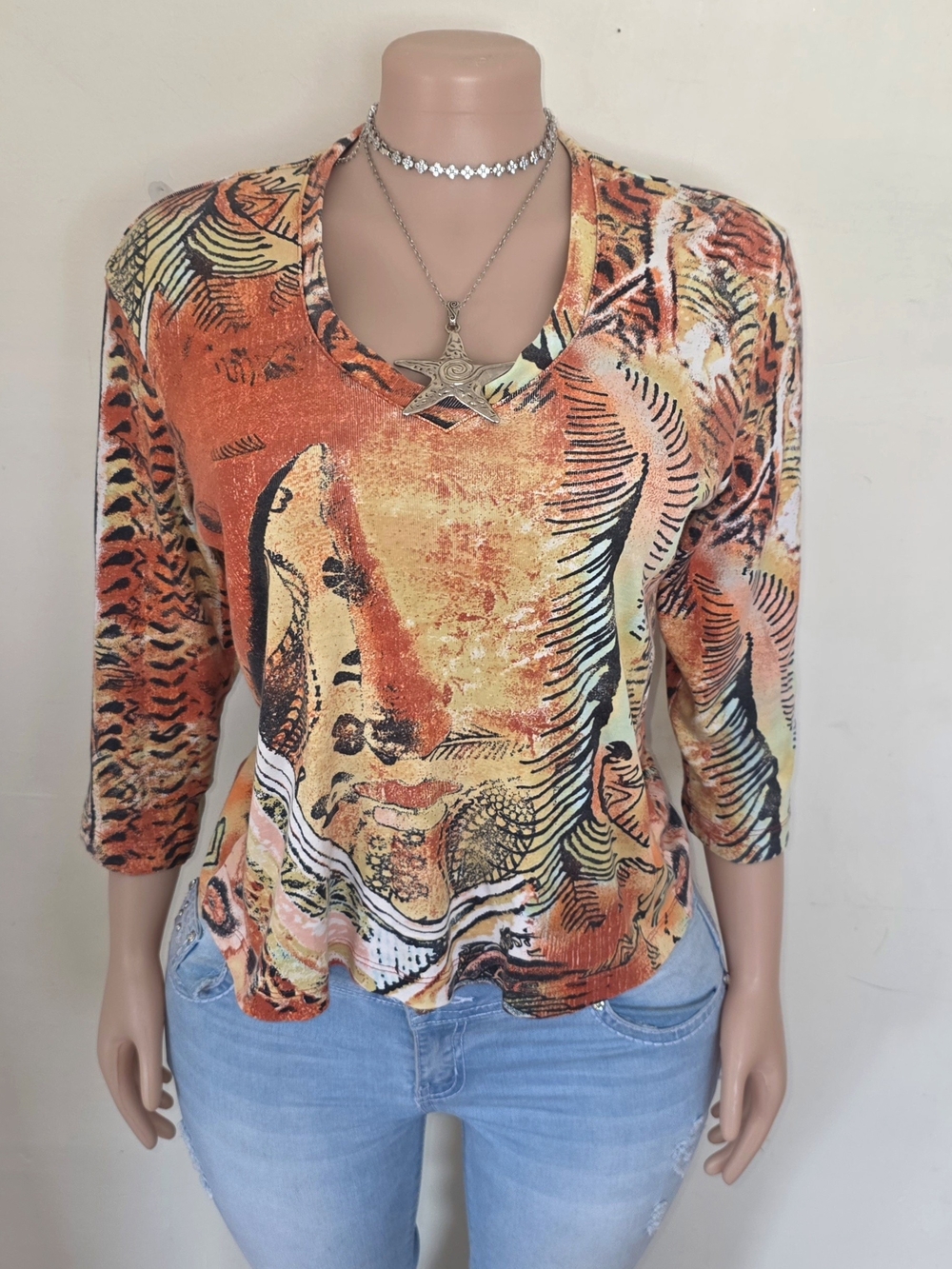Chico's Vintage Orange Multi-Color Print V-Neck Top